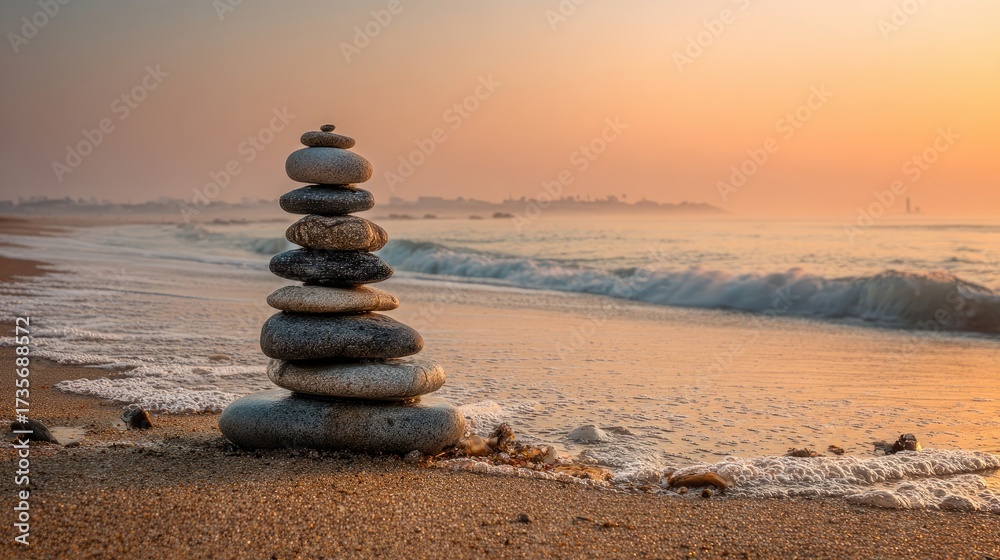 Fototapeta premium Stacked Stones On Beach At Sunrise