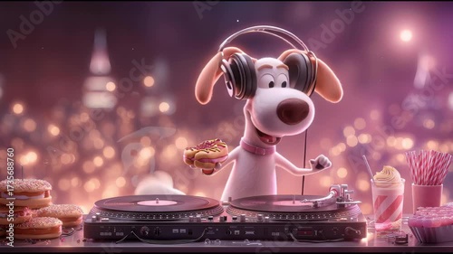 Playful cartoon dog DJ with headphones on turntable and vinyl, holding hotdog amid donut and candy in night city neon bokeh, energetic neon party scene where pup spins music and enjoys street food