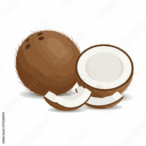 Detailed Hand Drawn Coconut Tropical Fruit Illustration with Sliced Pieces