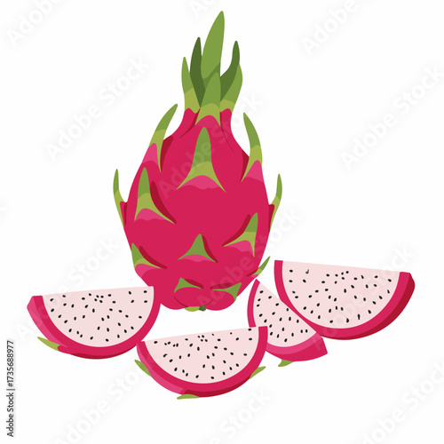 Flat Style Detailed Dragon Fruit and Slice Tropical Fruit Illustration