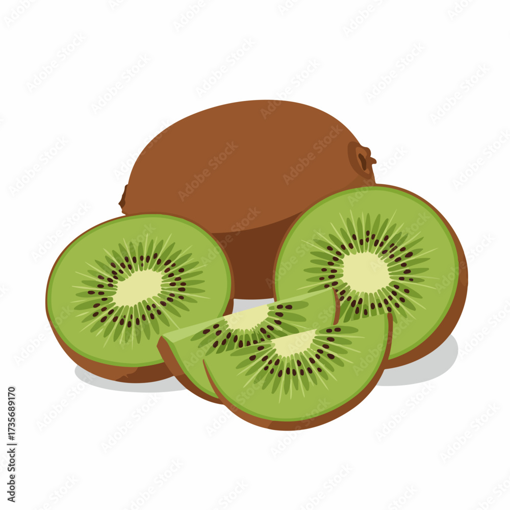 Obraz premium Flat Cartoonish Whole and Sliced Kiwi Fruit Healthy Food Illustration