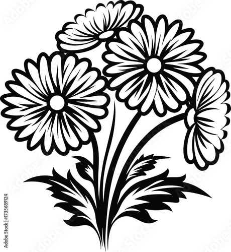 Black and white illustration of a cluster of daisies with stems and leaves