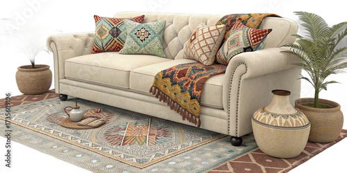 A comfortable living room interior with a stylish sofa, pillows, and modern home decor