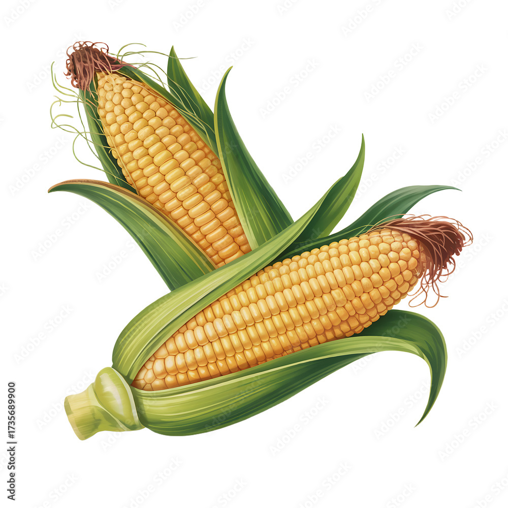 Obraz premium Two Fresh Corn Cobs with Green Husks and Brown Silk on White Background maize food isolated on a transparent background