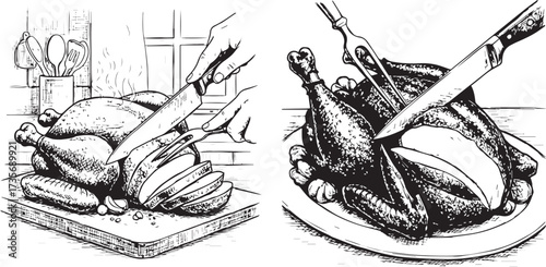 Engraving Style Drawing of Hands Carving Roasted Poultry