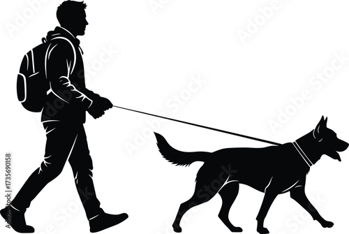 Dog walking silhouette, person with backpack, pet on leash, outdoor activity, black vector art, casual wear, boots, illustration