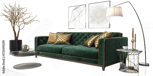 A contemporary living room interior featuring a comfortable sofa, modern furniture, and stylish home decor
