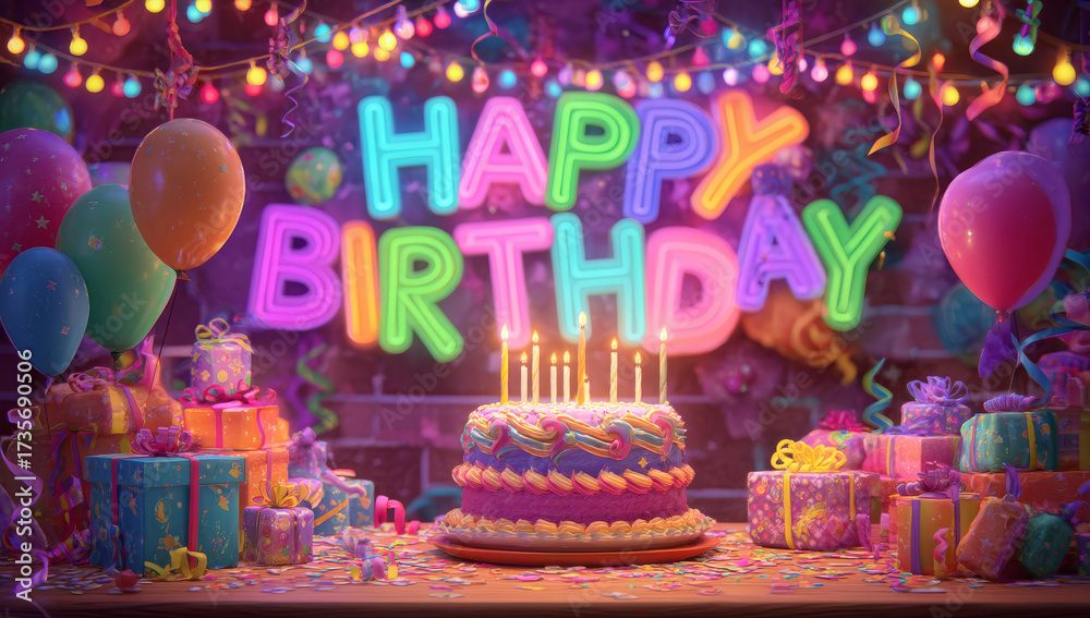 Obraz premium Birthday cake on table. A birthday cake is placed on top of a wooden table. The cake is decorated with colorful frosting and lit candles, ready to be celebrated. Generative AI image