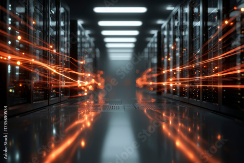 3D render of data server room with glowing network connections, Futuristic server room with fluid data visualization. Generative AI image