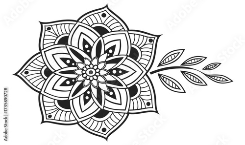 Hand-Drawn Oriental Mehndi Mandala – Geometric Floral Symmetry Coloring Art