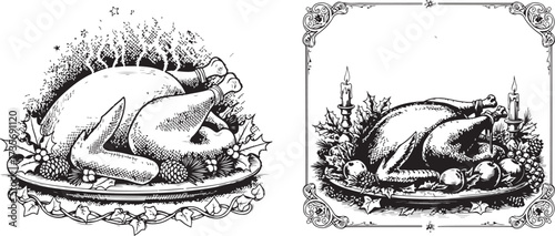 Vintage Engraving of Holiday Roasted Fowl with Festive Garnish
