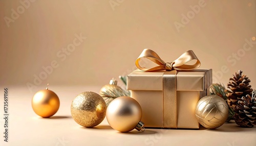 Elegant Christmas Still Life featuring Golden Gift Box with Bow surrounded by Decorative Baubles and Pinecones on a Cream Background in Warm Lighting