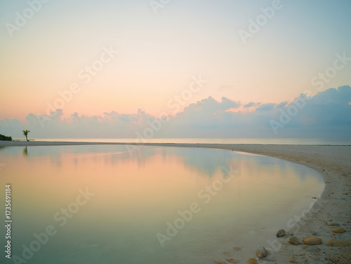 Beach ocean sea sand sky water clouds horizon reflection palm tree landscape nature coast scenic view calm