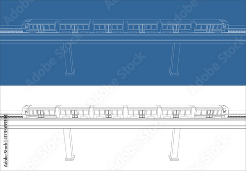 Blueprint style line drawing of a Light Rail Transit (LRT) train traveling on an elevated railway bridge