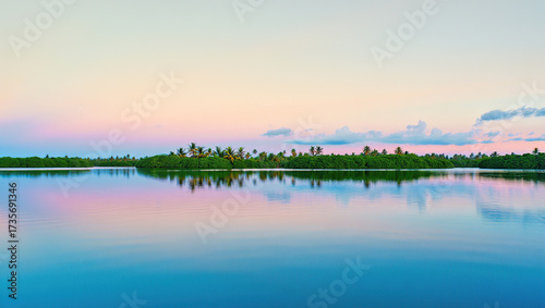 Lake landscape reflection water trees nature sky serene tranquil peaceful calm scenic beauty island palms horizon