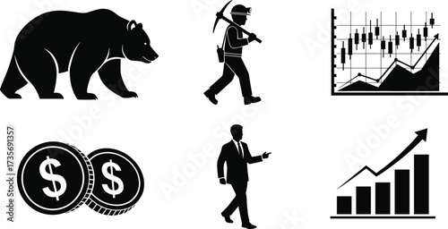 Finance icon set illustration, bear market, cryptocurrency mining, candlestick chart, business growth, economic symbols, investment and leadership concept