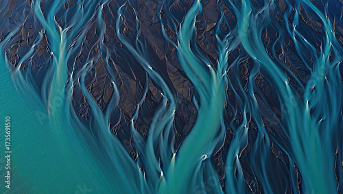 Aerial view of river delta glacier water stream pattern nature landscape scenic travel destination
