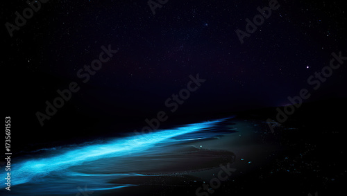 Bioluminescence beach ocean sea stars night dark water sand marine nature shore light sky seascape glow travel