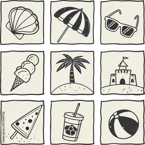 Hand drawn summer beach icons collection with seashell ice cream and palm tree