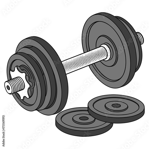 Create a high-resolution, realistic image of a set of adjustable dumbbells with black weight plates and a chrome metal handle. One dumbbell should be fully assembled and resting on its side, while the
