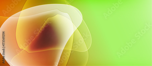 Abstract shapes blend, creating warm orange, yellow hues. Green background provides contrast, soft gradients visible. Smooth transitions dominate composition.