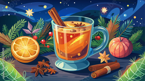 Warm spiced apple cider in a clear mug with cinnamon and star anise on a festive winter evening, cozy atmosphere, seasonal charm, aromatic flavors, inviting scene, perfect for holiday design 