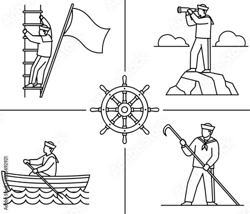 Nautical adventure illustration, maritime crew roles, ship wheel center, sailor climbing mast, rowing boat, telescope lookout, dock worker scene
