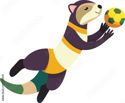 Playful ferret goalkeeper leaps to catch a soccer ball in a dynamic illustration of athleticism and animal sports