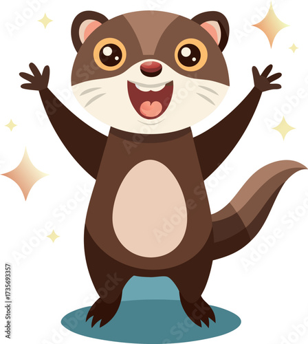 Adorable cartoon otter with wide eyes and open mouth arms raised in joyful celebration surrounded by sparkling stars and light effects