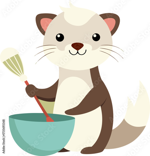 Adorable cartoon ferret cheerfully mixing ingredients in a blue bowl with a whisk ready for baking fun