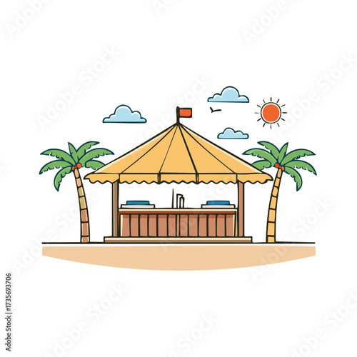 Tropical Beach Kiosk Booth with Palms Sun and Clouds Cartoon Style