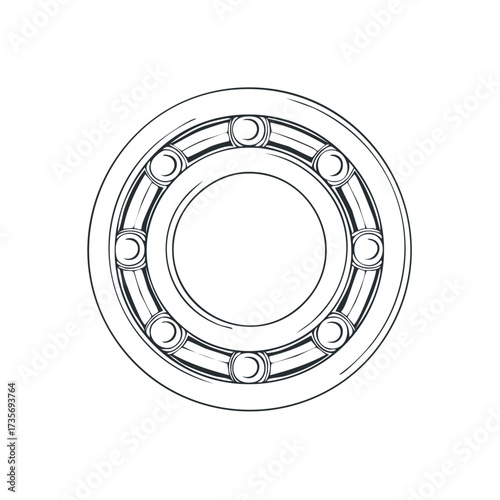 Isolated Outline Illustration of a Ball Bearing, Machinery Part, Rolling Element Bearing, Angular Contact Ball Bearing Design