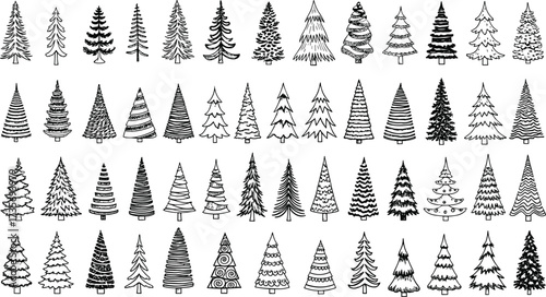 Pine tree silhouette set, black and white forest icons, stylized conifer illustrations, nature graphic pack, evergreen vector trees, clipart