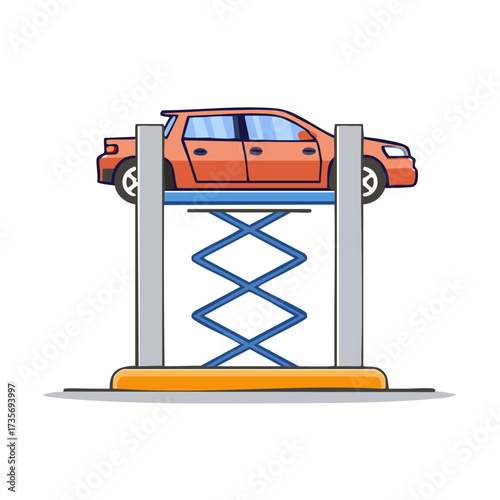 Car on a hydraulic scissor lift at an auto repair shop for maintenance and service cartoon illustration