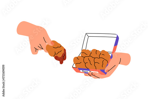 Human hands with box of chicken nuggets. Crispy strip is dipped into bbq sauce. Tempura meat pieces in package. Meal of fastfood restaurant, fast food. Flat isolated vector illustration on white