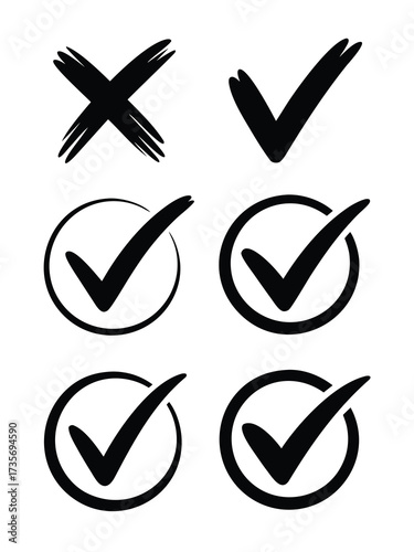 Illustration of check marks and an x mark isolated on white background, representing choices, correctness, and validation in a simple design