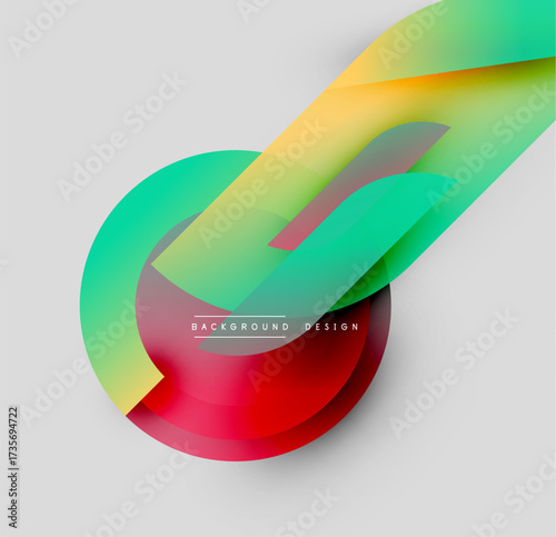 Abstract colorful layers create dynamic composition. Gradient shapes overlap, forming modern background design. Bright hues contrast against light gray.