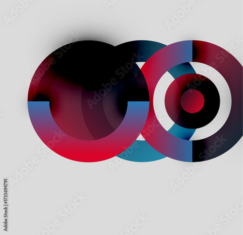 Abstract circles overlap, creating vibrant color blends. Red, blue, black, white hues dominate composition. Modern design element.