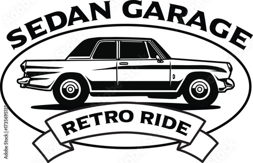 A clean black-and-white design of a classic sedan car in side profile within an oval badge — great for vintage auto shops, club identity, and retro collectibles.