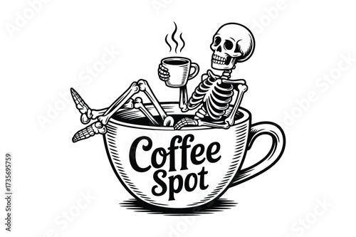 Skeleton relaxing in a coffee cup with steam drink