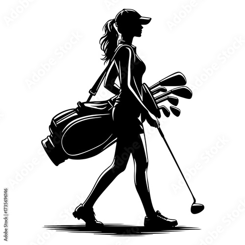Woman Golfer Silhouette Striding With Golf Bag and Driver