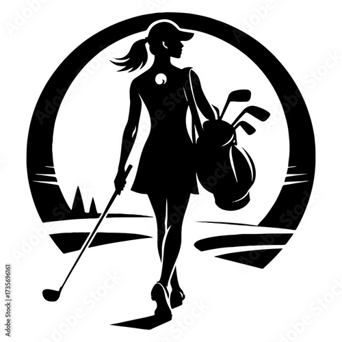 Lady Golfer Silhouette Walking on Course Inside Circular Emblem