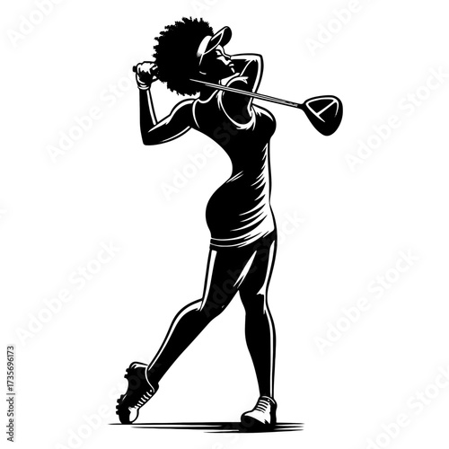Female Golfer Drive Follow Through Silhouette Afro Hair Black And White