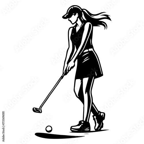 Woman Golfer Addressing Ball Minimal Line Art Silhouette