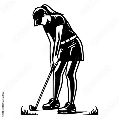 Female Golfer Chipping From Rough Monochrome Silhouette