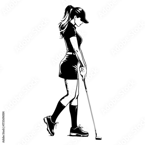 female golfer walking with putter side profile silhouette