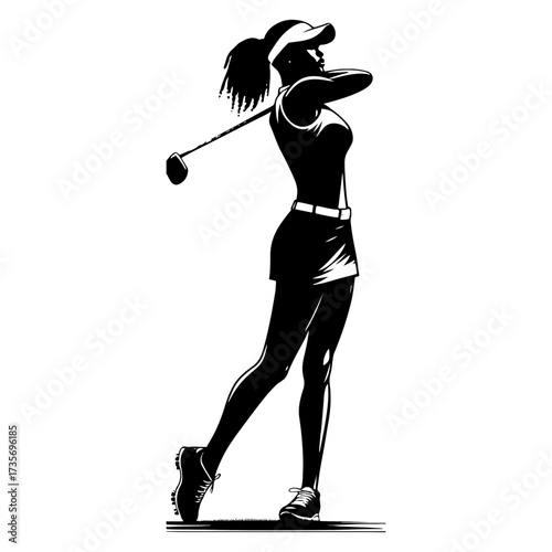 Elegant Woman Golfer Swing Finish Silhouette Line Art