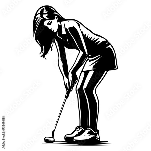 female golfer addressing putt leaning over club silhouette