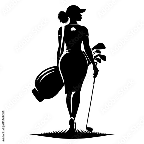 Female Golfer Back View Silhouette Carrying Bag and Club