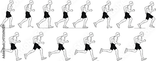 Running motion sequence illustration, male character animation frames, biomechanics of running, sports movement study, dynamic posture, athletic training concept